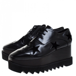 Pre Owned Stella McCartney Black Faux Leather And Velvet Elyse Star Platform Lace Up Booties Size 40