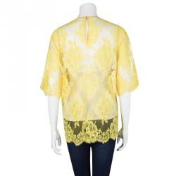 Pre Owned Stella McCartney Yellow Floral Lace Scalloped Edge Sheer Top M