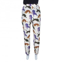 Pre Owned Stella McCartney Cream Wild Cat Printed Silk Elasticized Waist Christine Pants S