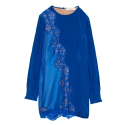 Blue Floral Lace Insert Mesh Paneled Silk Dress