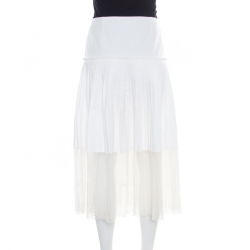 Pre Owned Stella McCartney White Cotton Pleated Mesh Hem Detail Midi Skirt M
