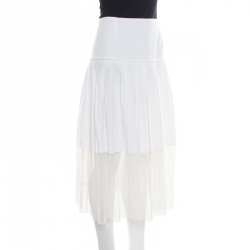 Pre Owned Stella McCartney White Cotton Pleated Mesh Hem Detail Midi Skirt M