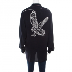 Pre Owned قميص ستيلا ماكرتني تفاصيل مطرز نسر كريب دو شين حرير كحلي M