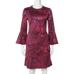 Burgundy Floral Jacquard Wool Long Sleeve Dress