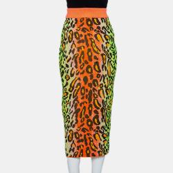 Multicolor Neon Leopard Knit Fitted Midi Skirt