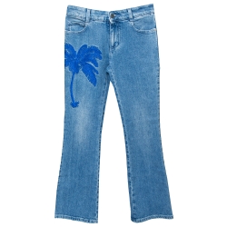 Blue Denim Palm Embroidered Flared Jeans