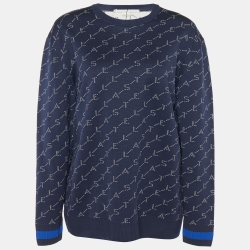 Stella McCartney Navy Blue Logo Intarsia Cotton Knit Crewneck Sweatshirt S
