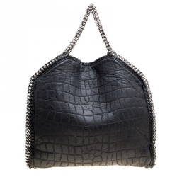 Pre Owned Stella McCartney Black Croc Embossed Faux Leather Small Falabella Tote