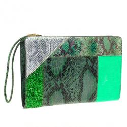 Pre Owned Stella McCartney Loretta ‘Waverly’ Exotic Skins Patchwork Green Clutch