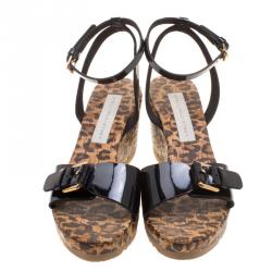 Pre Owned صندل ستيلا ماكرتني نعل روكي فيلين طباعة فهد ليندا جلد لامع صناعي أسود مقاس 38