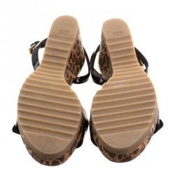 Pre Owned صندل ستيلا ماكرتني نعل روكي فيلين طباعة فهد ليندا جلد لامع صناعي أسود مقاس 38