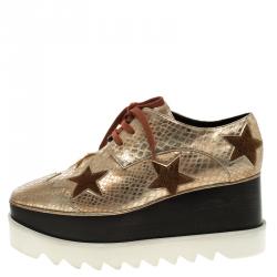 Stella McCartney Metallic Gold Python Effect Faux Leather and Faux Fur Elyse Star Platform Derby Size 38