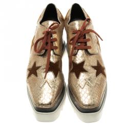 Stella McCartney Metallic Gold Python Effect Faux Leather and Faux Fur Elyse Star Platform Derby Size 38