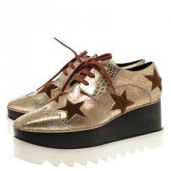 Stella McCartney Metallic Gold Python Effect Faux Leather and Faux Fur Elyse Star Platform Derby Size 38