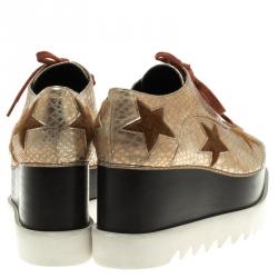 Stella McCartney Metallic Gold Python Effect Faux Leather and Faux Fur Elyse Star Platform Derby Size 38