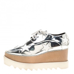 Pre Owned Stella McCartney Metallic Silver Faux Leather Indium Elyse Star Platform Derby Size 37