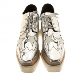 Pre Owned Stella McCartney Metallic Silver Faux Leather Indium Elyse Star Platform Derby Size 37
