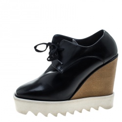 مملوكة مسبقًا Stella McCartney Black Faux Leather Leana Wooden Wedge Lace Up Derby Size 36