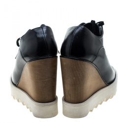 مملوكة مسبقًا Stella McCartney Black Faux Leather Leana Wooden Wedge Lace Up Derby Size 36