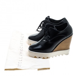مملوكة مسبقًا Stella McCartney Black Faux Leather Leana Wooden Wedge Lace Up Derby Size 36