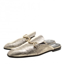 Stella McCartney Metallic Faux Croc Effect Leather Slip On Loafers Size 38