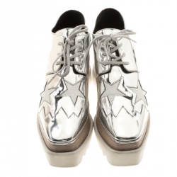 Pre Owned Stella McCartney Metallic Silver Faux Leather Indium Elyse Star Platform Derby Size 38