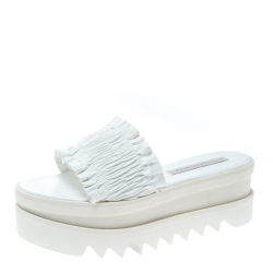 Stella McCartney White Ruched Faux Leather Platform Slides Size 38