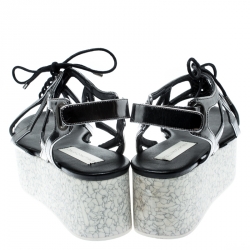 Pre Owned Stella McCartney Metallic Dull Silver Cut Out Faux Leather Hackney Printed Wedge Platform Sandals Size 37