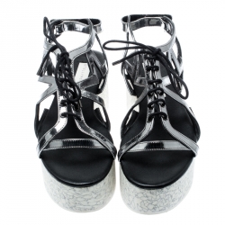 Pre Owned Stella McCartney Metallic Dull Silver Cut Out Faux Leather Hackney Printed Wedge Platform Sandals Size 37