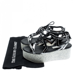 Pre Owned Stella McCartney Metallic Dull Silver Cut Out Faux Leather Hackney Printed Wedge Platform Sandals Size 37