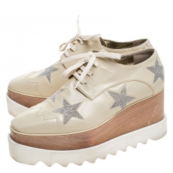 Pre Owned Stella McCartney Beige Faux Leather Elyse Star Platform Lace Up Derby Size 37