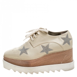 Pre Owned Stella McCartney Beige Faux Leather Elyse Star Platform Lace Up Derby Size 37