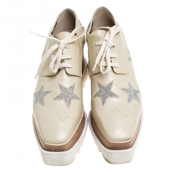 Pre Owned Stella McCartney Beige Faux Leather Elyse Star Platform Lace Up Derby Size 37