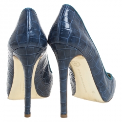 Pre Owned Stella McCartney Blue Croc Embossed Faux Leather Pumps Size 38