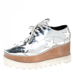 Stella McCartney Metallic Silver Faux Leather Elyse Star Platform Derby Size 40