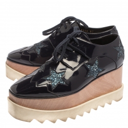 Pre Owned Stella McCartney Blue Faux Patent Leather And Glitter Elyse Star Platform Derby Sneakers Size 37