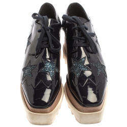 Pre Owned Stella McCartney Blue Faux Patent Leather And Glitter Elyse Star Platform Derby Sneakers Size 37