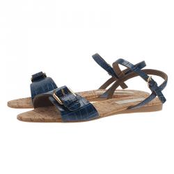 مملوكة مسبقًا Stella McCartney Blue Faux Croc Linda Flat Sandals Size 41