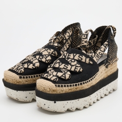 Stella McCartney Black/Beige Canvas and Jute Gaia Platform Espadrille Flats Size 37