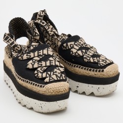 Stella McCartney Black/Beige Canvas and Jute Gaia Platform Espadrille Flats Size 37
