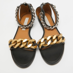Pre Owned Stella McCartney Black Faux Leather Chain Link Ankle Strap Flat Sandals Size 38
