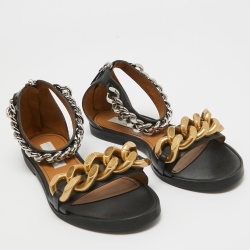 Pre Owned Stella McCartney Black Faux Leather Chain Link Ankle Strap Flat Sandals Size 38