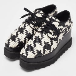 Stella McCartney White/Black Faux Woven Leather Elyse Houndstooth Wedge Platform Sneakers Size 37