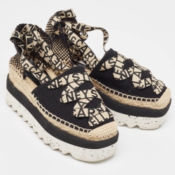 Pre Owned Stella McCartney Black/Beige Canvas Wedge Sandals Size 37