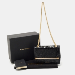 Pre Owned Strathberry Black Croc Embossed Leather Mini East/West Shoulder Bag