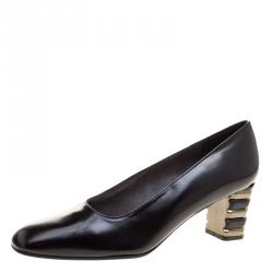 Pre Owned Stuart Weitzman Black Leather Tiered Heel Pumps Size 38.5