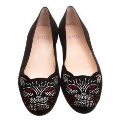 Stuart Weitzman Black Suede Crystal Embellished Kittycat Flats Size 40