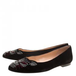 Stuart Weitzman Black Suede Crystal Embellished Kittycat Flats Size 40
