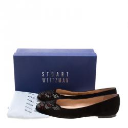 Stuart Weitzman Black Suede Crystal Embellished Kittycat Flats Size 40