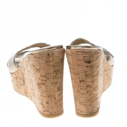 Stuart Weitzman Gold Leather Overit Cork Wedge Mules Sandals 38.5